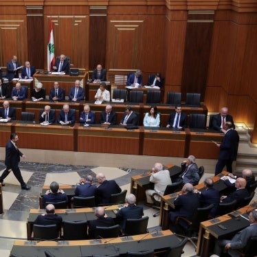 Lebanese Parliament Speaker Nabih Berri and members of the Lebanese government attend a parliament session in Beirut, July 15, 2025.