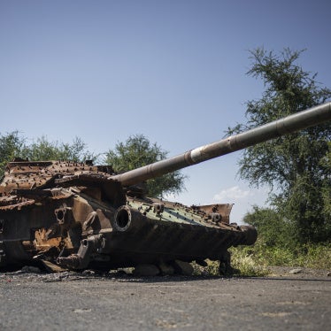 A charred T-72 tank lay on the road that connects Shiraro to Shire in Ethiopia's Tigray region, October 12, 2024. 