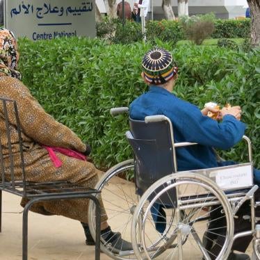 Patients and their relatives waiting outside Morocco’s National Institute of Oncology in Rabat, Morocco. 