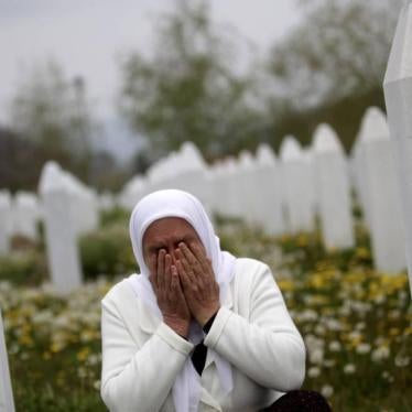 Mejra Dzogaz cries near the graves of her family members at the Memorial Center in Potocari, Bosnia and Herzegovina, 6 km north-west of Srebrenica, on April 7, 2014. Dzogaz lost her three sons, husband and father in the Srebrenica massacre. 