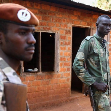 UPC fighters outside a kindergarten in Ngadja, Ouaka province. The fighters have used the building as a base since October 2014. 