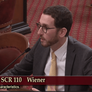Senator Scott Wiener, who introduced Senate Concurrent Resolution 110, testifying before the California Senate Judiciary Committee on May 1, 2018. 