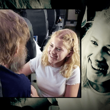 Screen grab of NBC video, Teenage girl uses sign language to help deaf and blind man on flight.