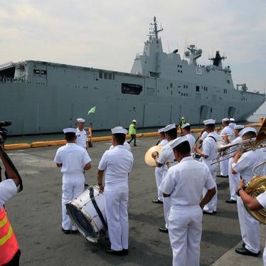 The Philippine Navy band welcomes the Royal Australian Navy (RAN) vessel Her Majesty's Australian Ship (HMAS) Adelaide (III) upon arrival for a goodwill visit as part of the Australian Defence Force (ADF) Joint Task Group, Indo-Pacific Endeavour 2017, at 