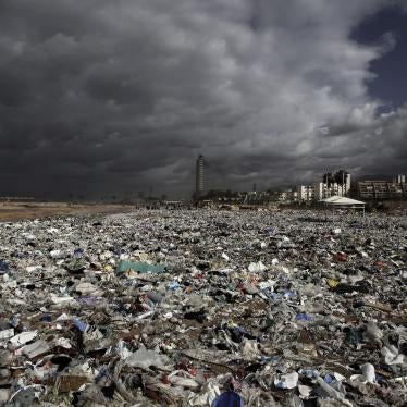 A beach where a heavy winds and strong waves washed ashore piles of garbage in Keserwan, north of Beirut, Lebanon, on 23 January 2018. 