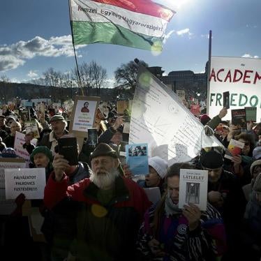Protesters gather in front of the Hungarian Academy of Sciences (MTA) headquarters to protest against the planned reorganisation of the Hungarian Academy of Sciences in Budapest,