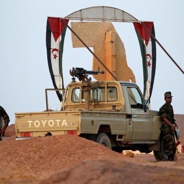 Polisario soldiers under the SADR flag in Bir Lahlou, Western Sahara, in 2016. 