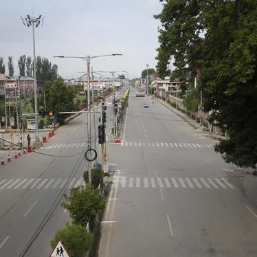 A stray dog walks through a deserted street during a security lockdown in Srinagar, Indian-controlled Kashmir.